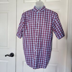 Bugatchi Classic Fit Plaid Red Blue Button-up Shirt Size XL Short Sleeve Pocket